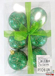 Bola de Natal Verde com Arabesco 8cm Jogo com 6 Unidades - Bolas Natalinas - Ref 1511387 Cromus Natal