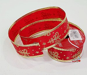 Fita de Natal Aramada Vermelha com Estampa Pinheiro de Glitter Dourado 3,8x9,14cm - FItas Natalinas - Ref 1717044 Cromus Natal