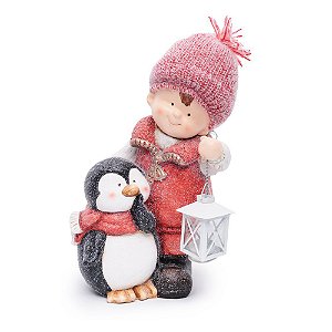 Enfeite de Resina Menina em Pé Segurando Lanterna com Pinguim do Lado - Decoração de Natal - Ref 1018031 Cromus Natal