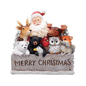 Enfeite de Resina Papai Noel com Animais em Placa Escrito Merry Christmas com Luz Clara - Decorações Natalinas - Ref 1018100 Cromus Natal