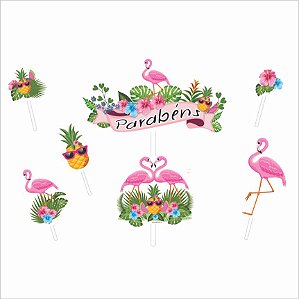Topo de Bolo Impresso Festa Flamingo com 6 Unidades - Ref 109025 Piffer