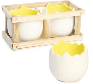 Caixa de Madeira com Dois Meio Ovos Branco com Amarelo de Cerâmica - Coleção Guloseima - Ref 1821344 Páscoa Cromus