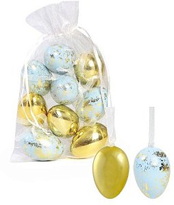 Ovos Para Pendurar Tipo Codorna Azul e Dourado em Saco de Voal Jogo com 9 Unidades - Coleção Picolé - Ref 1821318 Páscoa Cromus