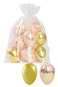 Ovos Para Pendurar Tipo Codorna Rosa e Dourado em Saco de Voal Jogo com 9 Unidades - Coleção Picolé - Ref 1821319 Páscoa Cromus