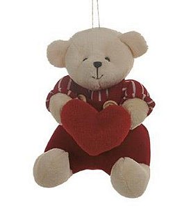 Urso de Pelúcia com Macacão Vermelho Segurando Coração 15x12x12cm - Coleção Romântica - Ref 215160 Cromus