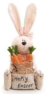 Coelha Decorativa Sentada com Cesta de Cenouras Placa Happy Easter 35cm - Coleção Terracota - Ref 1016050F Páscoa Cromus