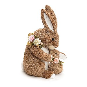 Coelha de Palha Sentada com Filhote e Flores no Pescoço 25x23cm - Coleção Brisa - Ref 1012856 Páscoa Cromus