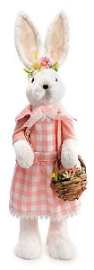 Coelha de Palha Branca em Pé com Vestido Xadrez Rosa 60cm - Coleção Pipoca Doce - Ref 1013919F Páscoa Cromus