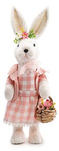 Coelha de Palha Branca em Pé com Vestido Xadrez Rosa 45cm - Coleção Pipoca Doce - Ref 1013920F Páscoa Cromus