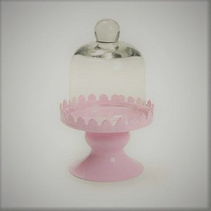 Porta Cupcake Solitário Baixo Rosa com Cúpula de Vidro 14cm - Ref 1620595 Cromus