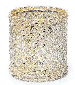 Vaso de Vidro Porta Vela Quadrado Ouro Envelhecido com Aplique - Home Decor -