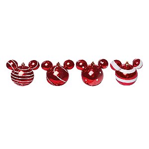 Bola Cabeça Mickey Listras e Poá Vermelho e Branco com 4 Unidades 8cm Disney - Ref 1718640 Cromus