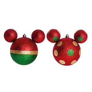 Bola Natal Mickey Poá e Lisa com Vermelho e Verde 8cm Disney com 4 Unidades - Ref 1350794 Cromus