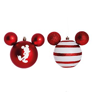 Bola de Natal Mickey Vermelho e Branco Listras 6cm com 6 Unidades Disney - Ref 1350806 Cromus