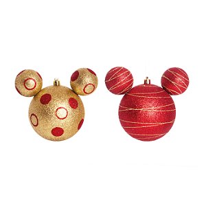 Bola de Natal Mickey Poá Vermelha e Dourado 8cm com 4 Unidades Disney - Ref 1350811 Cromus