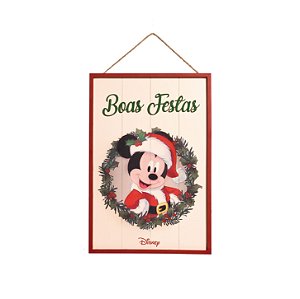 Quadro de Madeira Natal Mickey Boas Vindas Disney 40x25cm - Ref 1595080 Cromus