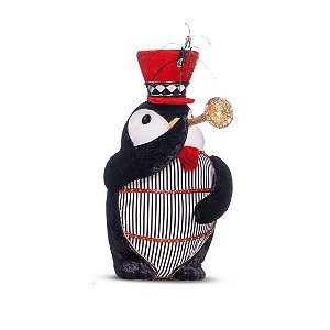 Pinguim com Roupa Listrada Tocando Trompete 30cm - Coleção Xmas Parade - Ref 1595165 Cromus