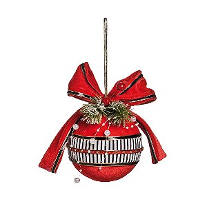 Bola de Natal de Veludo com Faixa Listrada e Laço 15cm - Coleção Xmas Parade - Ref 1595171 Cromus
