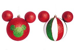 Bola de Natal Mickey Listras Vermelho e Verde 8cm Jogo com 4 Un - Natal Disney - Ref 1350797 Cromus