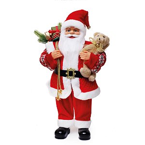 Boneco Papai Noel em Pé com Casaco Xadrez, Segurando Urso e com Saco de Presentes 62cm - Coleção Noeis - Ref 1209014 Cromus