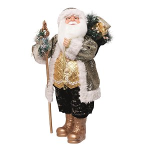 Boneco Papai Noel em Pé com Cetro Roupa Preta, Dourada e Branco 60cm - Coleção Noeis - Ref 1921567 Cromus