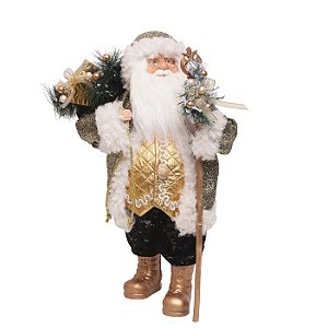 Boneco Papai Noel em Pé com Cetro Roupa Preta, Dourada e Branco 45cm - Coleção Noeis - Ref 1921568 Cromus