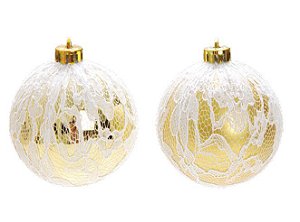 Bola de Natal Dourada com Renda Branca 8cm Jogo com 6 Un - Bolas Natalinas - Ref 1517884 Cromus