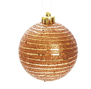 Bola de Natal Dourada com Listras e Glitter 8cm Jogo com 6Un - Bolas Natalinas - Ref 1517815 Cromus