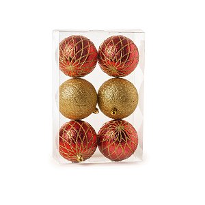 Bolas de Natal Sortidas Vermelho com Glitter Dourado 8cm Jogo com 6Un - Bolas Natalinas - Ref 1690251 Cromus - CCS Decorações Bolas de Natal Sortidas Vermelho com Glitter Dourado 8cm Jogo com 6Un - Bolas Natalinas - Ref 1690251 Cromus - CCS Decorações