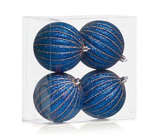 Bola de Natal Azul Turquesa com Listras Ouro 10cm Jogo com 4Un - Bolas Natalinas - Ref 1690284 Cromus