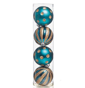 Bolas de Natal Azul Tiffany com Poa e Listras Ouro 12cm Jogo com 4 Un - Bolas Natalinas - Ref 1690304 Cromus