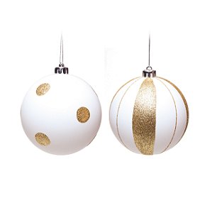 Bolas de Natal Branca com Poá e Listras Douradas 10cm Jogo com 4Un - Bolas Natalinas - Ref 1719124 Cromus