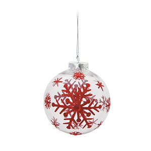 Bolas de Natal Incolor com Flocos de Neve Vermelho 8cm Jogo com 6Un - Bolas Natalinas - Ref 1611876 Cromus