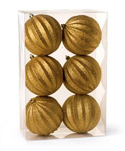 Bolas de Natal Dourada Gomos com Glitter 10cm Jogo com 6Un - Bolas Natalinas - Ref 1640925 Cromus