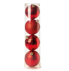 Bolas de Natal Arabesco Brilho Mate e Glitter Vermelha 15cm Jogo com 4Un - Bolas Natalinas - Ref 1712733 Cromus