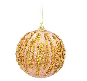 Bolas de Natal Rosê com Listras Douradas 10cm Jogo com 4Un - Bolas Natalinas - Ref 1611835 Cromus