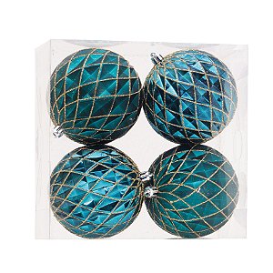 Bolas de Natal Azul Tiffany com Dourado 10cm Jogo com 4Un - Bolas Natalinas - Ref 1207253 Cromus