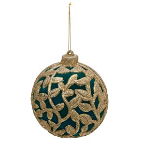 Bolas de Natal Verde Esmeralda com Folhas Douradas 10cm Jogo com 4Un - Bolas Natalinas - Ref 1924669 Cromus
