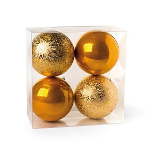 Bolas de Natal Perolada e Craquelada Dourada 12cm Jogo com 4Un - Bolas Natalinas - Ref 1350265 Cromus