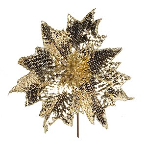 Flor de Natal Poisentia Dourada com Lantejoula - Flores Cabo Curto - Ref 1200197 Cromus