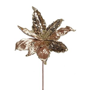 Flor de Natal Poisentia Dourada de Veludo e Glitter - Flores Cabo Curto - Ref 1200233 Cromus