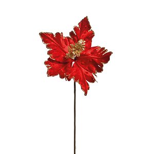 Flor de Natal Poisentia Vermelha de Veludo com Borda Dourada - FLores Cabo Curto - Ref 1592130 Cromus