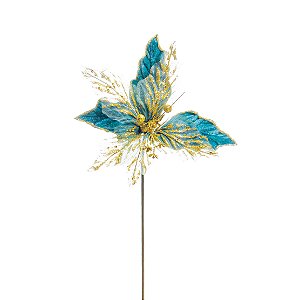 Flor de Natal Poisentia Azul Turquesa com Dourado - Flores Cabo Médio - Ref 1593483 Cromus
