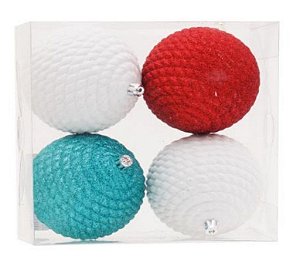 Bolas de Natal Branco, Vermelho e Azul 10cm Jogo com 4Un - Bolas Natalinas - Ref 1207226 Cromus