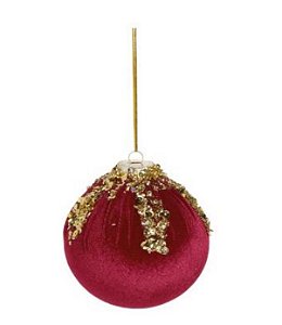 Bola de Natal de Veludo Velvet Vinho com Glitter Dourado 10cm Jogo com 2Un - Bolas Natalinas - Ref 1209301 Cromus