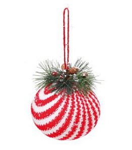 Bola de Natal Listrada Branca e Vermelho com Arranjo Festão 10cm - Bolas Natalinas - Ref 1209729 Cromus