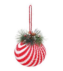 Bola de Natal Listrada Branca e Vermelho com Arranjo Festão 9cm - Bolas Natalinas - Ref 1209730 Cromus