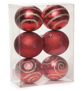 Bolas de Natal Vermelha com Arabesco Dourado 10cm Jogo com 6Un - Bolas Natalinas - Ref 1712646 Cromus