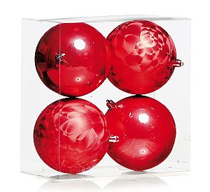 Bolas de Natal Vermelho Lisa e Pinhas 10cm Jogo com 4Un - Bolas Natalinas - Ref 1699578 Cromus