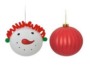 Bolas de Natal Boneco de Neve e Lisa Branco Vermelho 10cm Jogo com 4Un - Bolas Natalinas - Ref 1618297 Cromus
